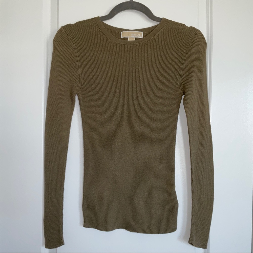 Michael Kors Green Ribbed Long Sleeve Knit Top (S)